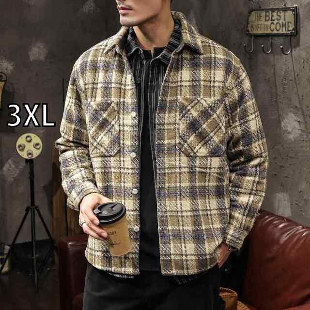 3XL 秋冬 コーデ メンズ 服 シンプル ファッション オシャレ 大人 かっこいい 大きいサイズ ストリート 紳士服 ヘビー チェック柄 シャツ ジャケット アウター アメリカン レトロ