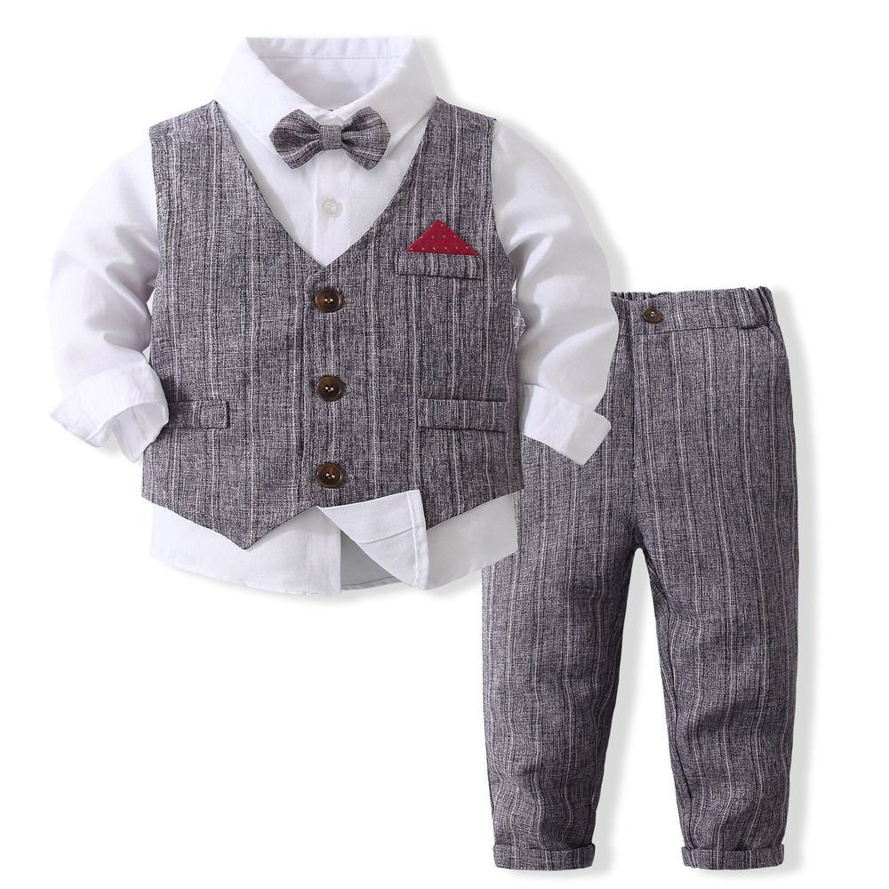 グレー  90cm  フォーマルスーツ ベビー lyfs053 フォーマルスーツ 男の子 セットアップ フォーマル スーツ パンツスーツ 子ども服 子供服 パンツ ベスト ネクタイ ズボン 長ズボン ストライプ柄