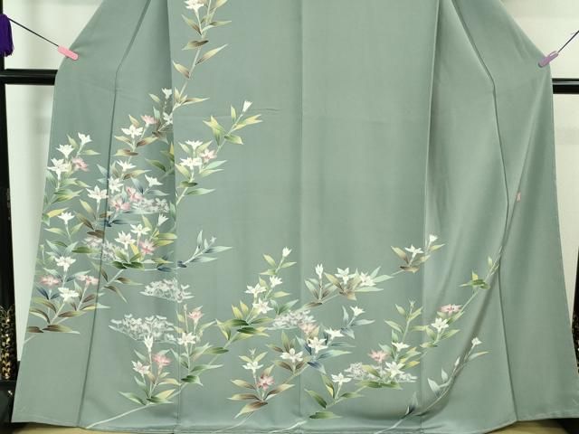 平和屋本店□極上 本加賀友禅作家 田丸幸子 訪問着 枝花文 湊鼠色地  