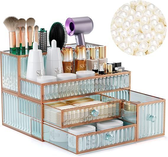 Youdepot メイクボックス - 大容量 コスメ収納 化粧品収納ボックス 強化ガラス ヘアツールオーガナイザー 母の日ギフト