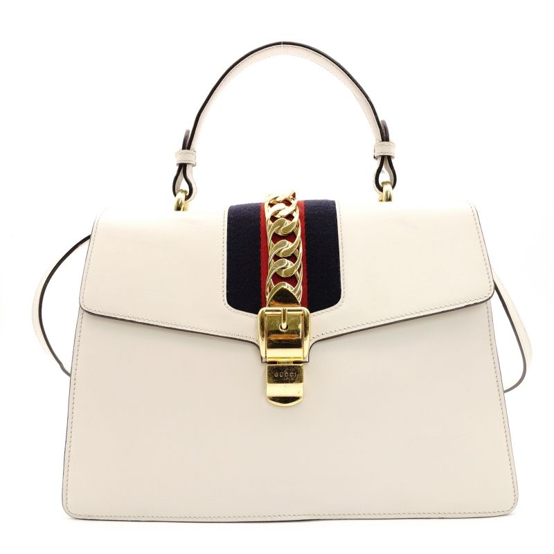 グッチ GUCCI シルヴィ ハンドバッグ 2way シェリーライン ホワイト レザー 白 ショルダー ゴールド金具 7-8-589