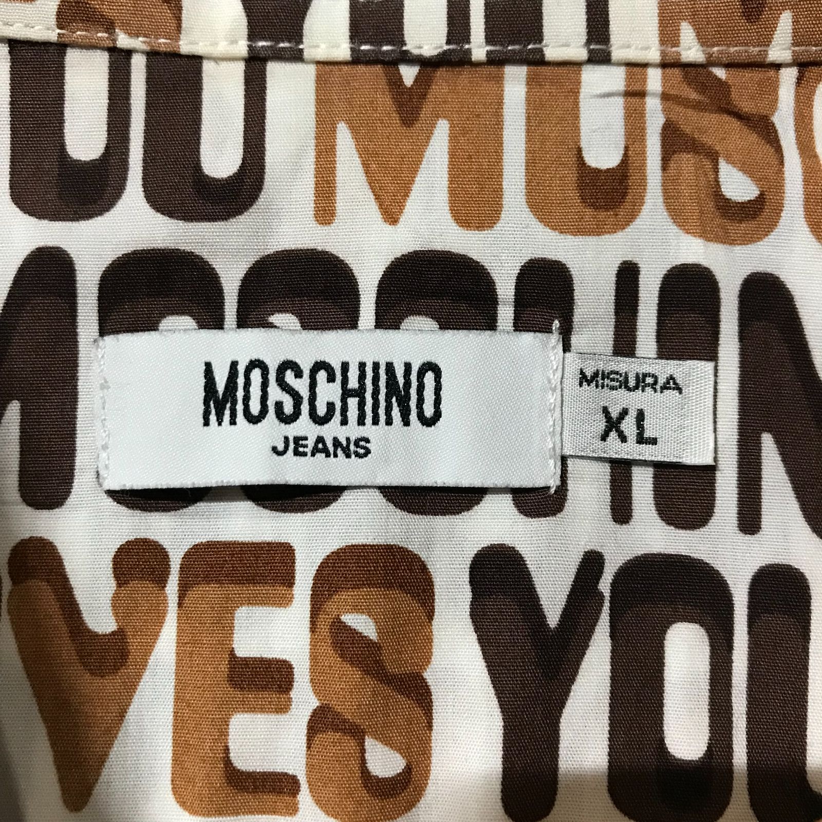 レアデザイン 総柄 モスキーノ MOSCHINO JEANS 長袖 オールオーバー パターン マルチロゴ デザイン シャツ XL ホワイト系 メンズ  柄シャツ ドレスシャツ