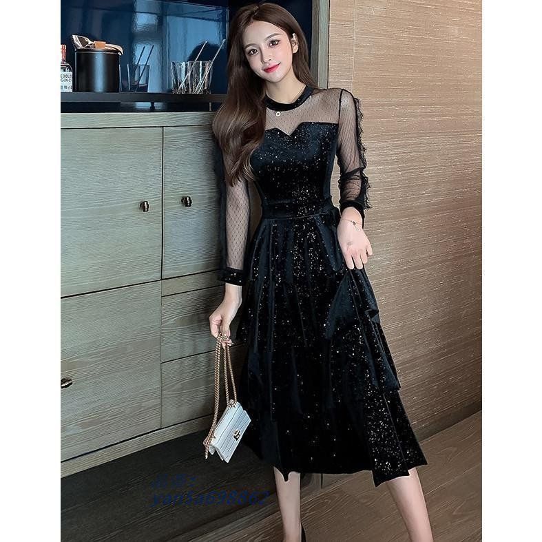 レディースファッション パーティードレス 結婚式 ドレス お呼ばれ ドレス ティアードワンピース 韓国 大きいサイズ きれいめ 長袖 黒 袖あり yan5a698862