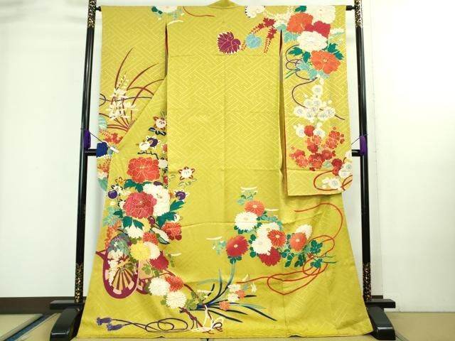 アンティーク着物　二尺袖大正ロマン　小振袖　駒刺繍　檜扇吉祥花文　正絹 アンティーク着物 二尺袖大正ロマン 小振袖 駒刺繍 檜扇吉祥花文