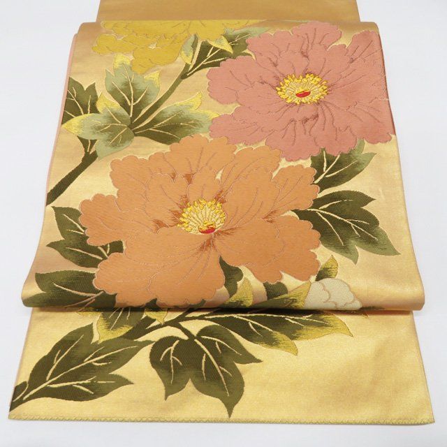 袋帯 中古 六通 西陣織 証紙付き 花模様 桃山牡丹文 箔糸 A1223