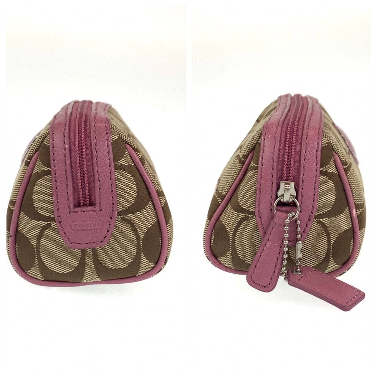 COACH コーチ シグネチャー ベージュ ピンク シルバー金具 キャンバス 
