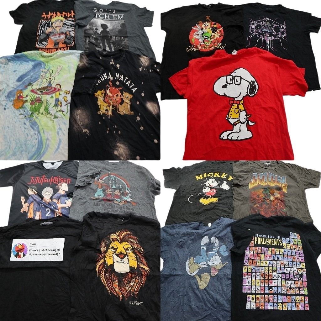 古着卸 キャラクター 半袖Tシャツ 15枚セット メンズ Ｌ ナルト ミッキー 呪術廻戦 ポケモン セサミ 古着 NA9003