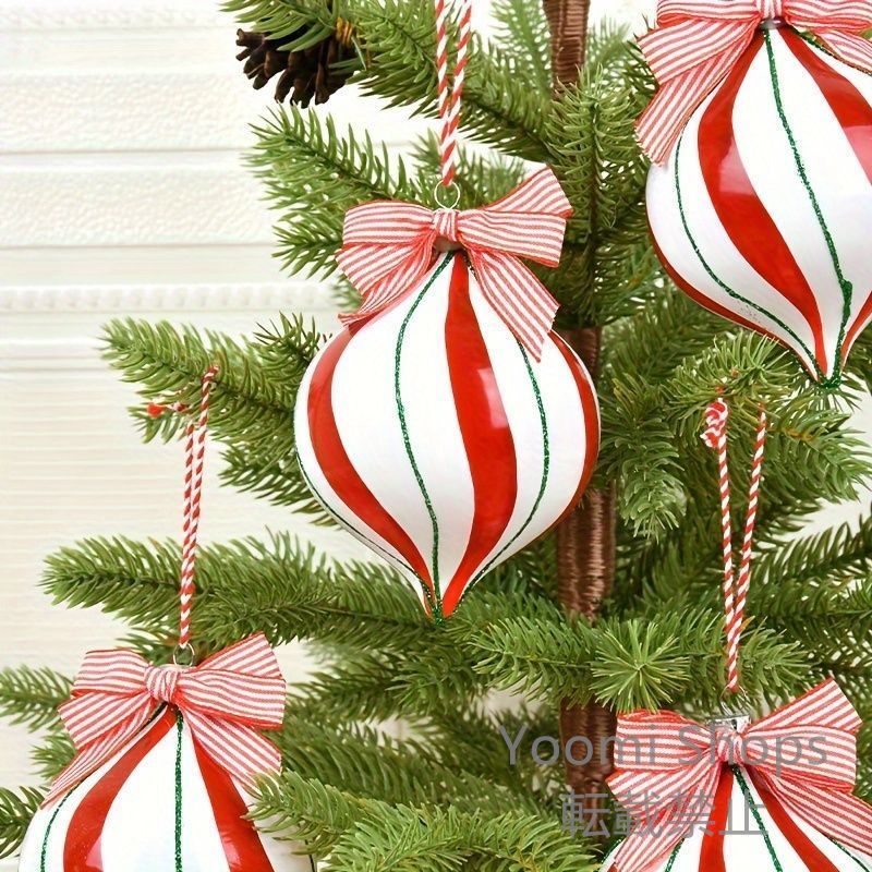 【新品未使用】オーナメント 6個パック クリスマスオーナメントセット赤と白のストライプ モダンスタイル 吊り下げ用のアタッチメント付き プラスチック製楕円形 クリスマスツリーの装飾
