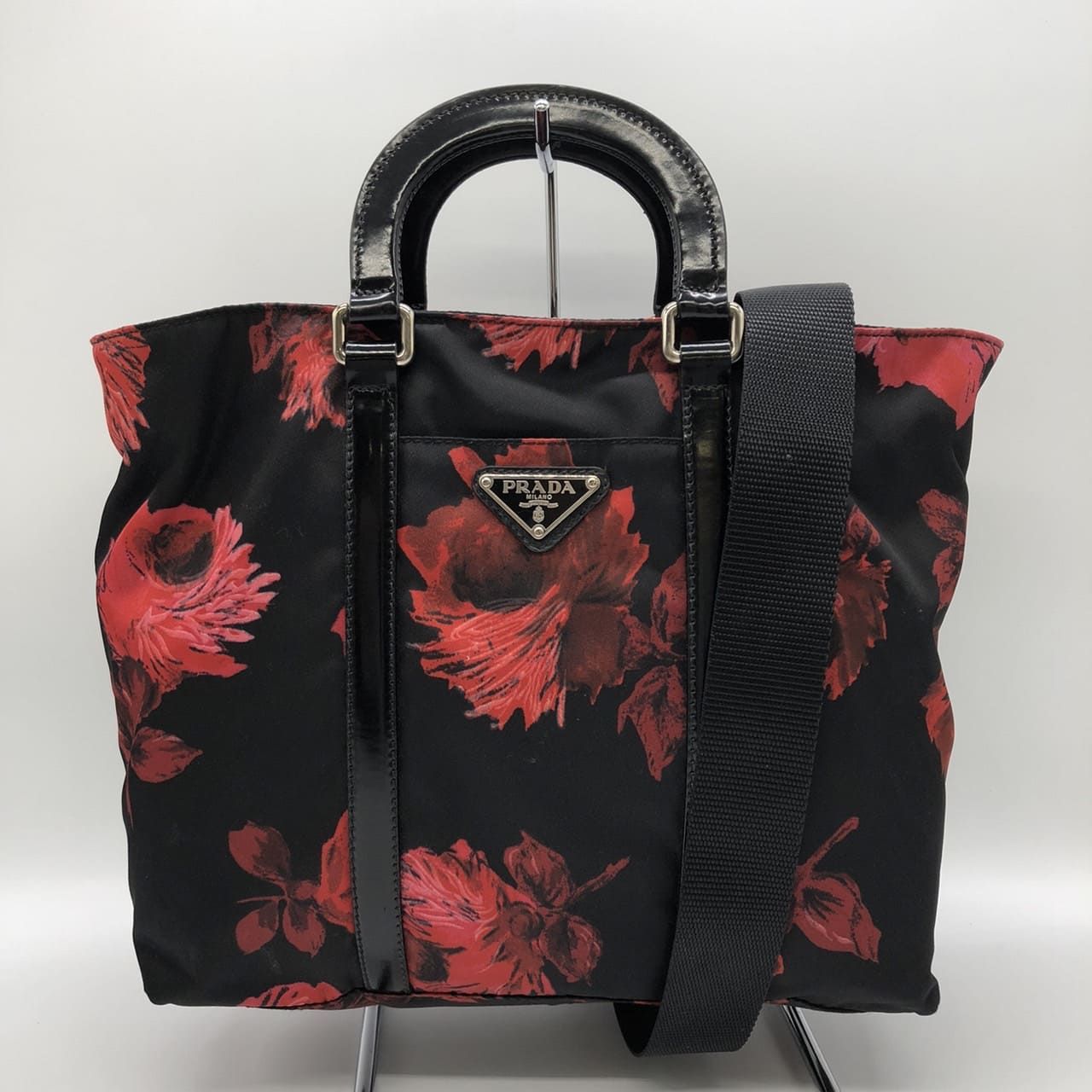 PRADA プラダ ハンドバッグ ショルダーバッグ 2way ナイロン ブラック フラワー 花柄 レディース メンズ ヴィンテージ ファッション