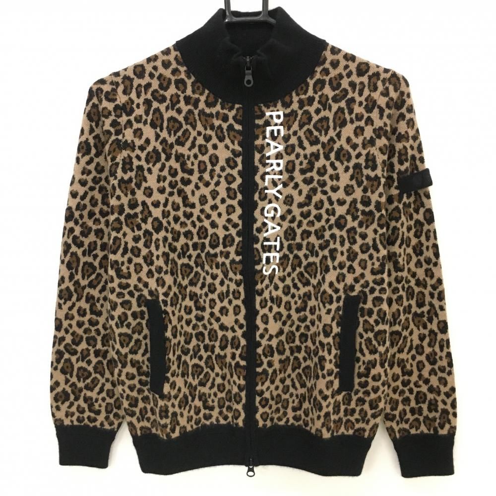 パーリーゲイツ ニットジャケット リベージュ系×黒 レオパード柄 ロゴ白 カシミヤ混 レディース 1 M ゴルフウェア PEARLY GATES