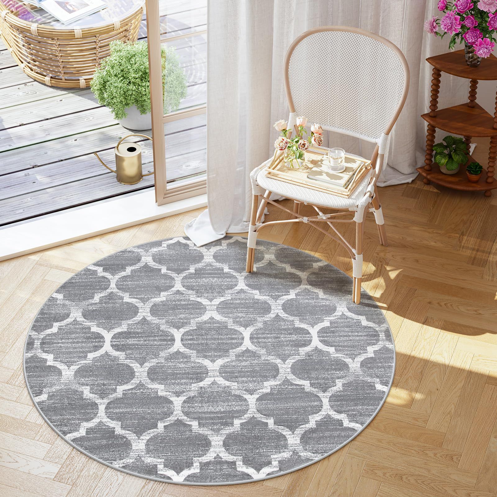 HAOCOO カーペット 洗える 円形 180cm 北欧風 ラグ 約2畳 オールシーズン適用 モロコシ柄 ふわふわ 滑り止め ホットカーペット対応 低反発 防音 抗菌防臭 リビング ダイニング ラグマット アンティーク グレー MARWIL-DEMENAGEMENTS_CH