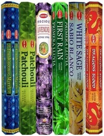 歴代最も人気があったHEMのお香6種類、各20本、計120本、無料の台付属 - Dragon's Blood、Frankincense u0026 Myrrh、Patchouli、Precious Lavender、First RainそしてWhite Sageです 