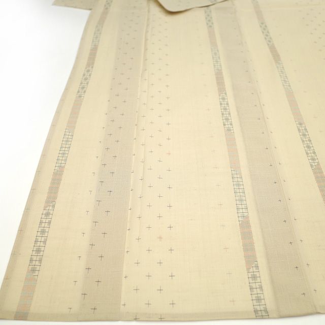 新古品】 夏物 単衣 着物 十日町 紗紬 正絹 ベージュ 十字絣 縞