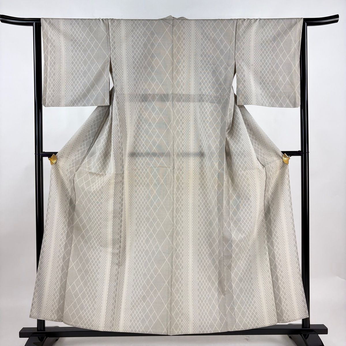 お召 身丈156.5cm 裄丈63.5cm S 薄物 本塩沢 証紙 菱 灰色 正絹 秀品