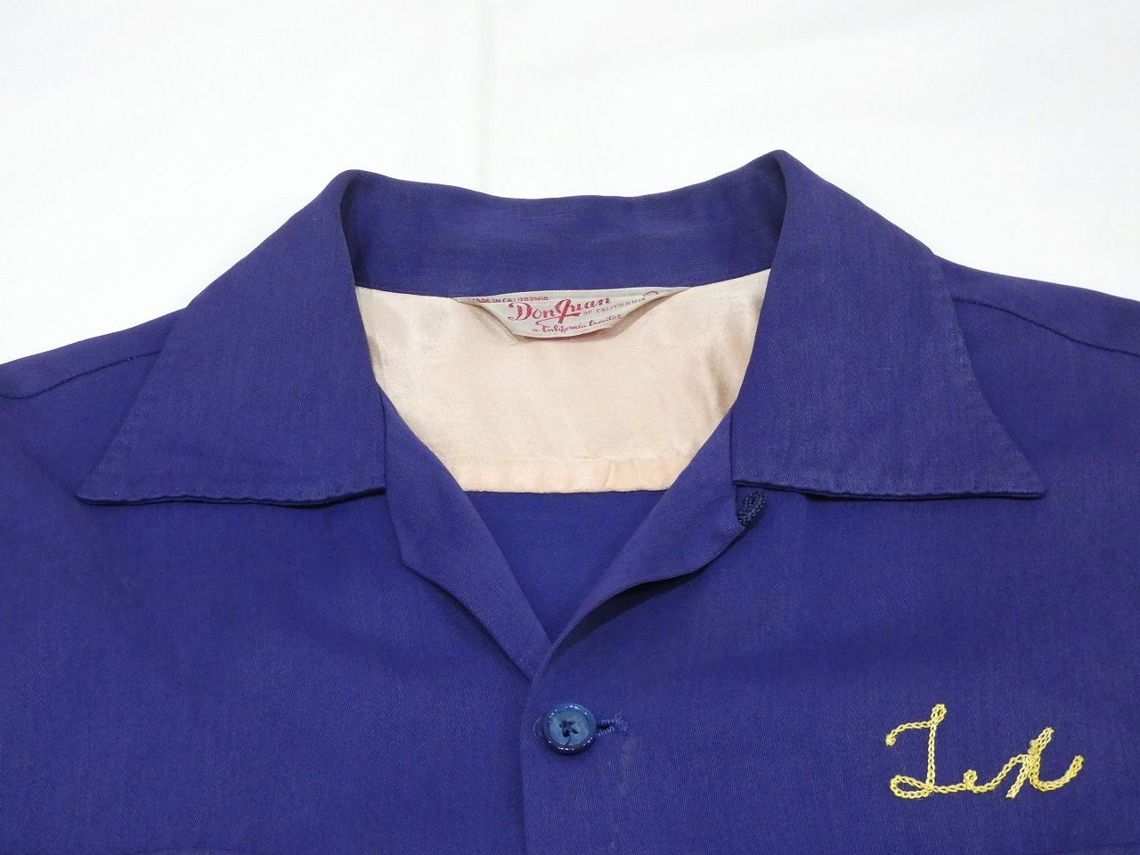 60sヴィンテージボーリングシャツ紺ネイビーピンボタン古着 50s ビンテージ Don Juan ハンドステッチ チェーン刺繍 ABC