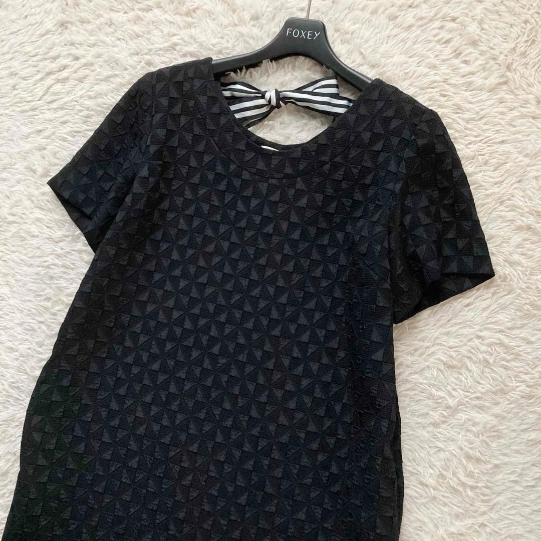 ポールスミス Paul Smith ひざ丈ワンピース 半袖 Iライン プルオーバー バックリボン バイ 幾何学模様 立体生地 ポコポコ ブラック 黒 40サイズ