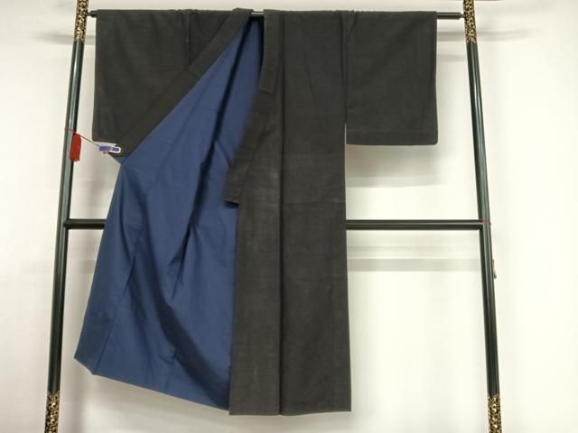 平和屋着物○男性 紬 アンサンブル 色無地 濡羽色 正絹 逸品
