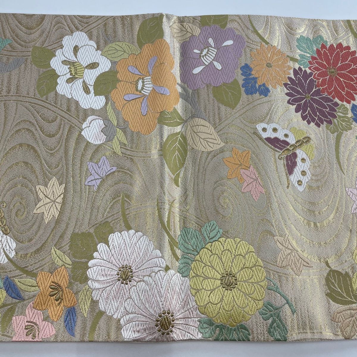 セール 一番安い 箔 金糸 蝶 草花 関西仕立て 秀品 美品 袋帯 ベージュ 正絹 六通 着物・浴衣