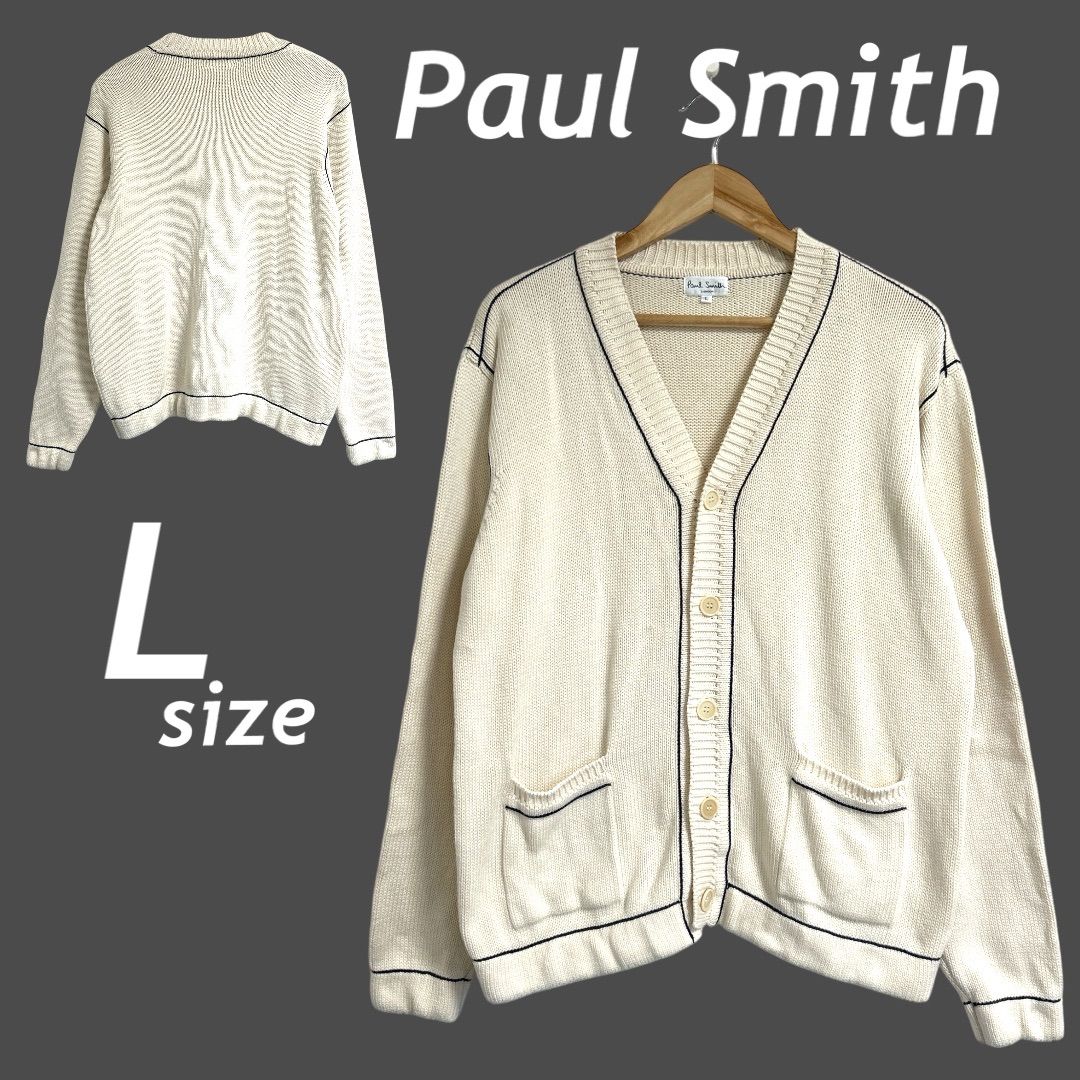 Paul Smith ポールスミス メンズ カーディガン L 綿ニット Vネック 日本製 アイボリー系 (L46)