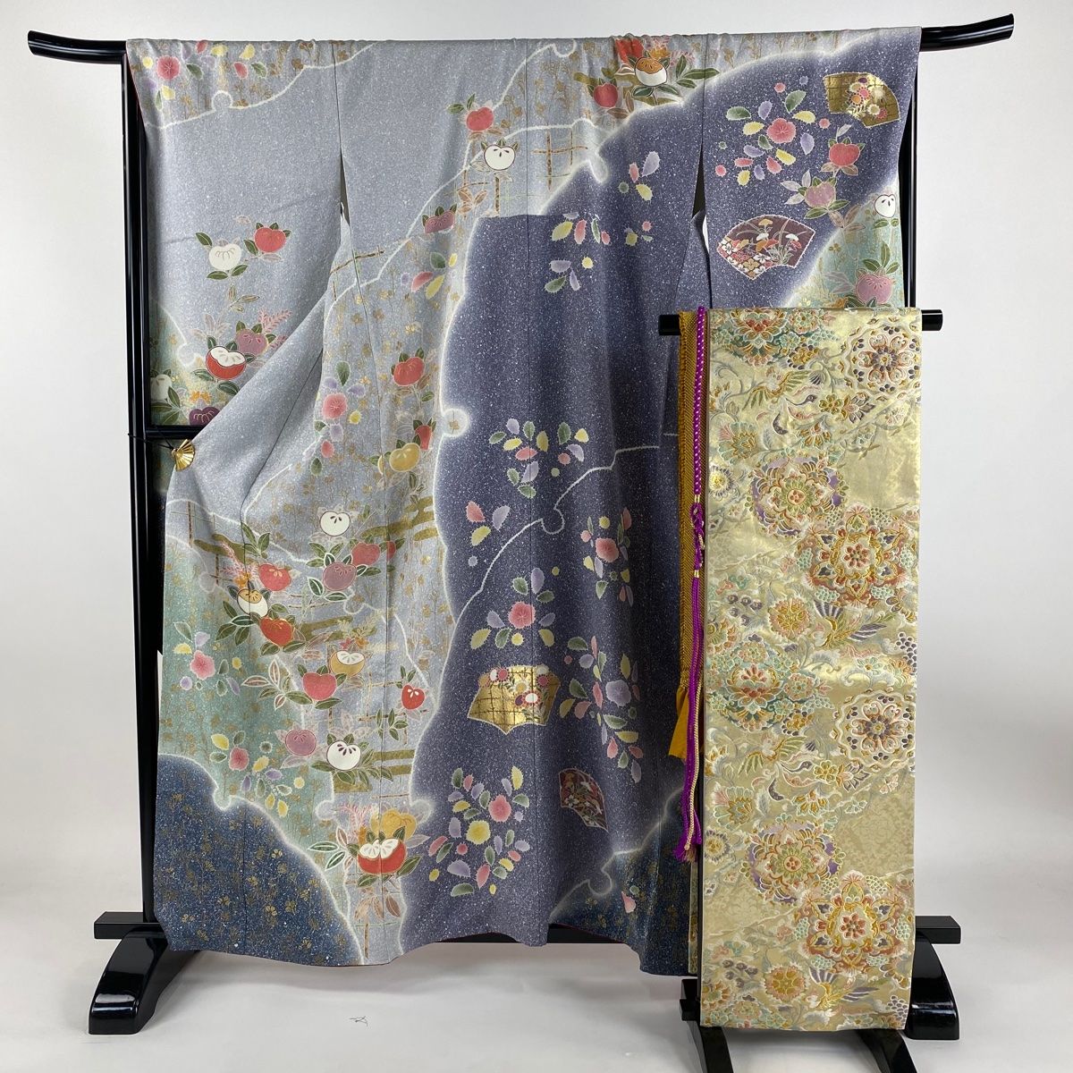 振袖 身丈160.5cm 裄丈69.5cm L 袷 袋帯フルセット 橘 雪輪 金糸