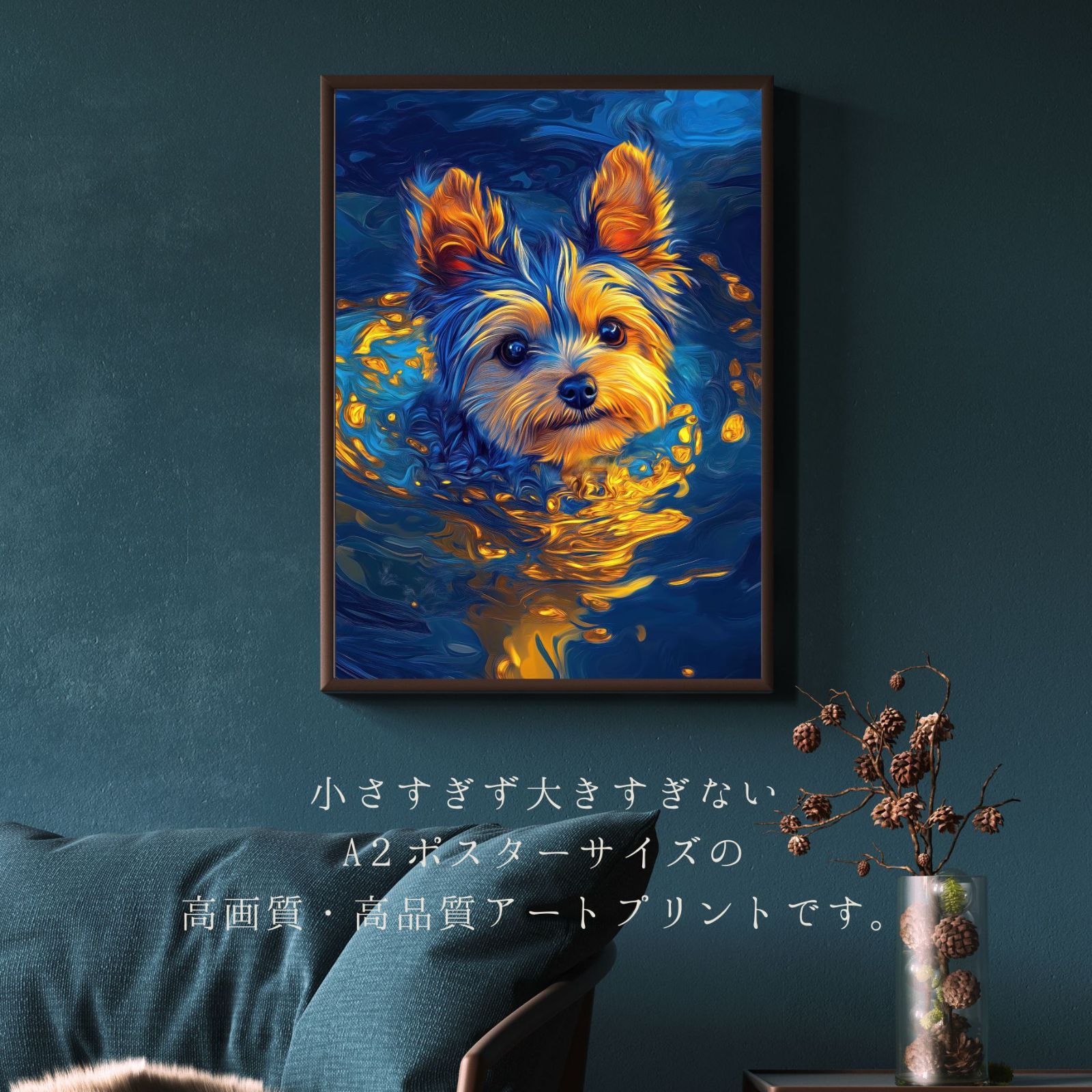 青と金 - ヨークシャーテリア犬 No.2 ヨーキー ペットロス うちの子 記念日 アートポスター 犬の絵 犬のイラスト ギフト プレゼント