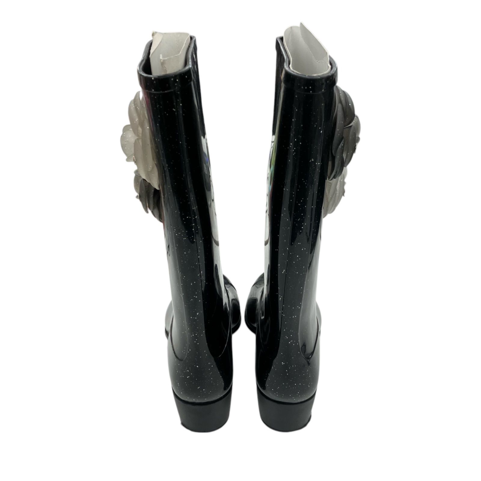 【即納！】186005　収納ケース付き☆　現状品　CHANEL シャネル　レインブーツ　レディース　36サイズ　ブラック　カメリア　ココマーク　ラメ入り 水に強い