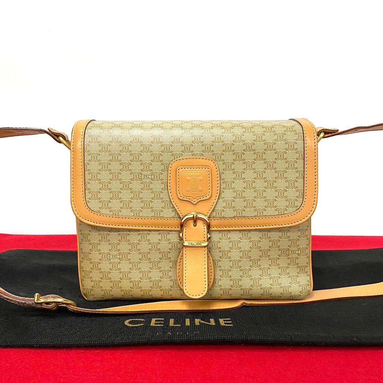 ほぼ未使用 CELINE セリーヌ マカダム ブラゾン ロゴ 金具 レザー 本革 
