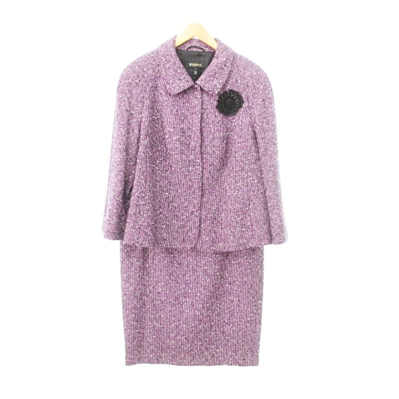 エスカーダ ESCADA ブローチ付き ツイードスーツ セットアップ ジャケット スカート 46 約XL～XXLサイズ 紫 パープル
