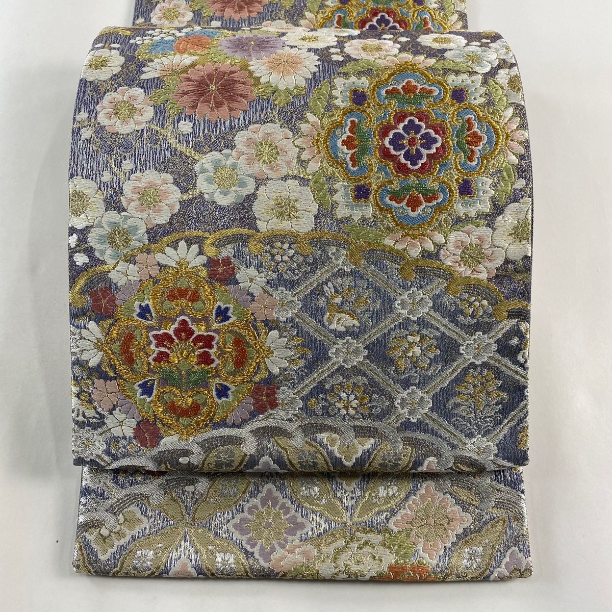 直販直営 袋帯 美品 秀品 七宝 華文 箔 金色 六通 正絹 【中古】