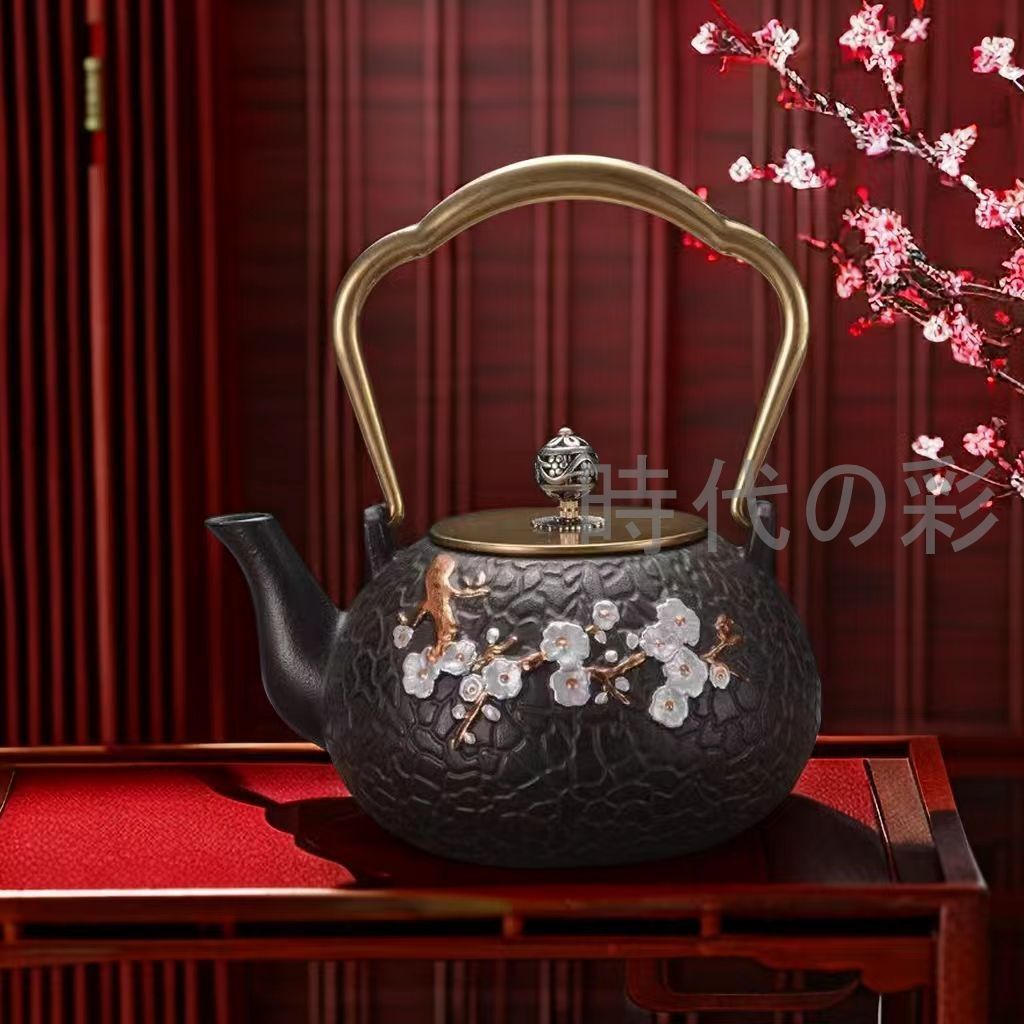 亀文堂造 胴款 銀祥堂 底款 楼閣山水図 霊芝提手 鉄瓶 茶道具