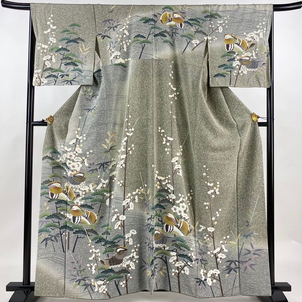 訪問着 身丈160.5cm 裄丈66cm M 袷 鴛鴦 松竹梅 金銀彩 ぼかし 灰色 正絹 名品 一つ紋