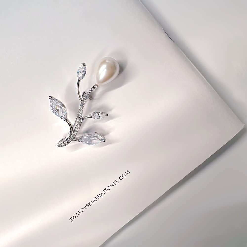 【即日発送】 LAVINA ホワイト 流れる枝 パール ブローチ ペンダント ロジウムメッキ真鍮 キュービックジルコニア