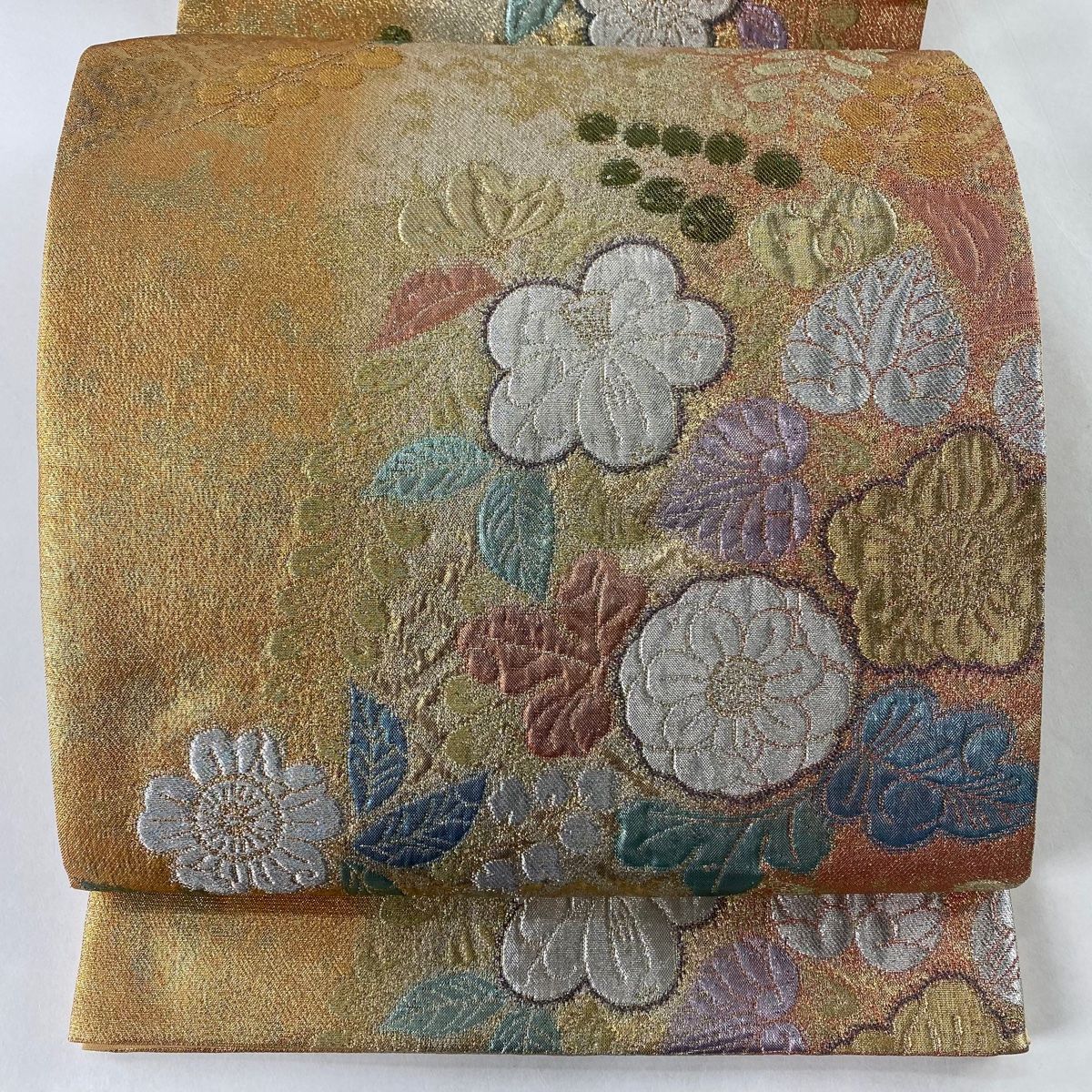 数量限定】 草花 秀品 美品 袋帯 更紗 【中古】 正絹 六通 金色 箔
