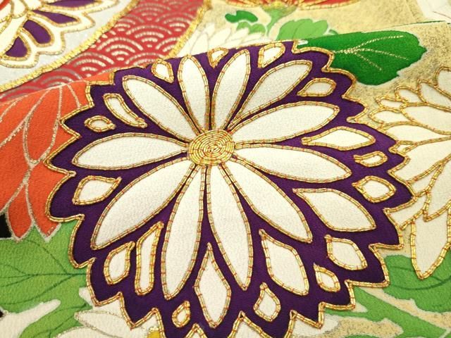 専用品アンティーク 豪華振袖 黒地に鮮やか染め 金駒刺繍 5つ紋 G-567 平和屋本店□極上 アンティーク 大正ロマン 振袖 駒刺繍 菱松葉