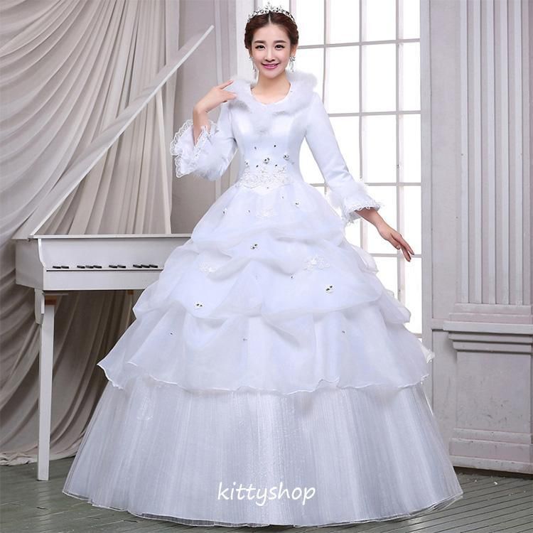 ウェディングドレス 秋 冬 Aライン 結婚式ドレス ホワイトドレス マキシ丈ドレス フォーマル 袖あり 長袖 ベルスリーブ 立ち襟 ティアード ドレス  hab