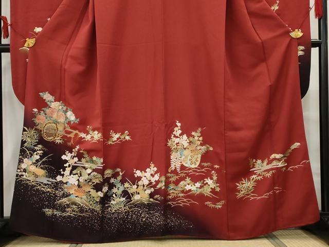 M955＋　D266 振袖　蝶　花模様　金彩　正絹　着物　袷　極美品 平和屋着物▽六通柄袋帯 唐織 舞蝶花文 金銀糸 正絹 逸品