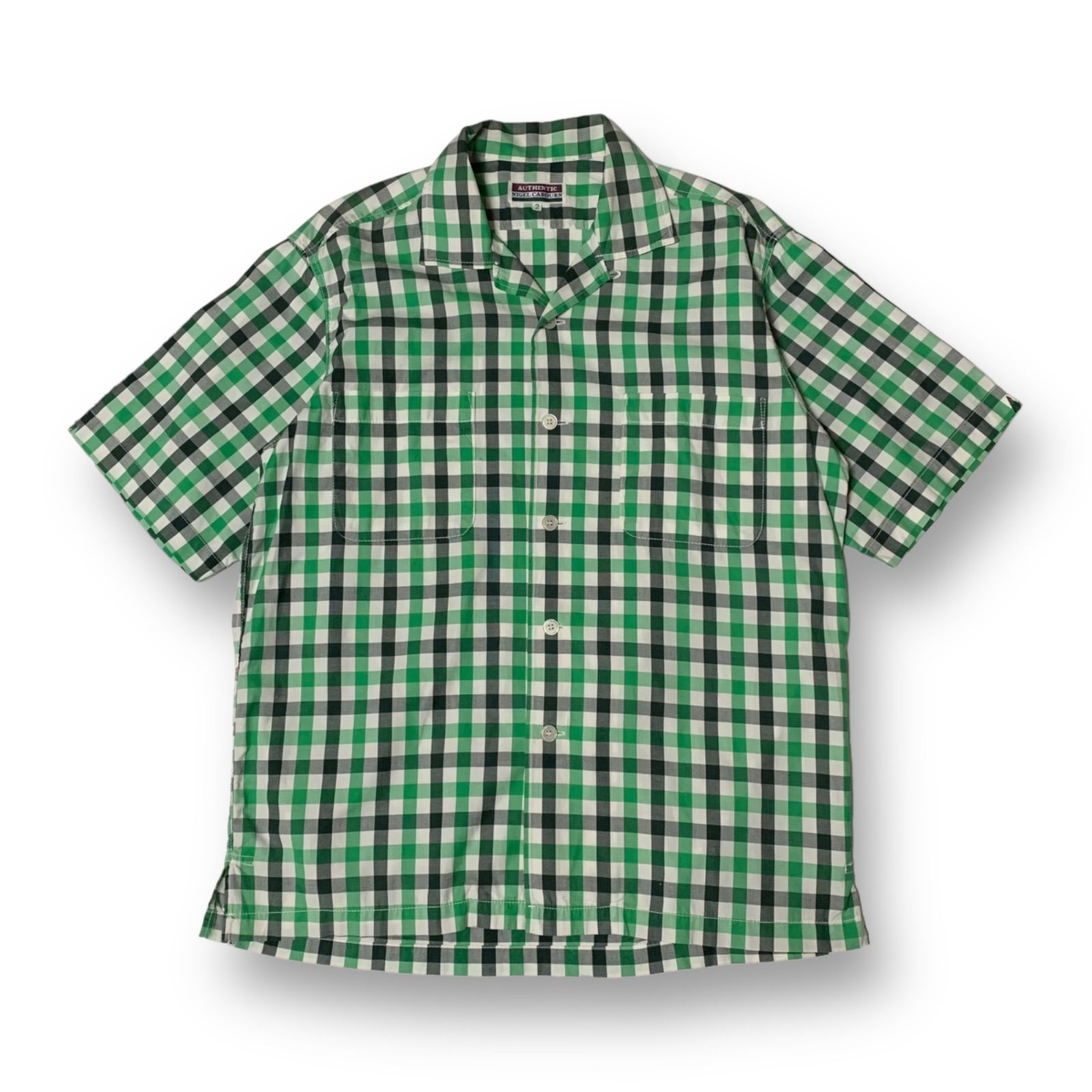 90s NIGEL CABOURN S/S Open Coller Check Shirt ナイジェルケーボン オープンカラーチェックシャツ 開襟シャツ 半袖 グリーン ホワイト ブラック サイズ2 日本製 アングローバル期 ハンガーループ ピスタグ