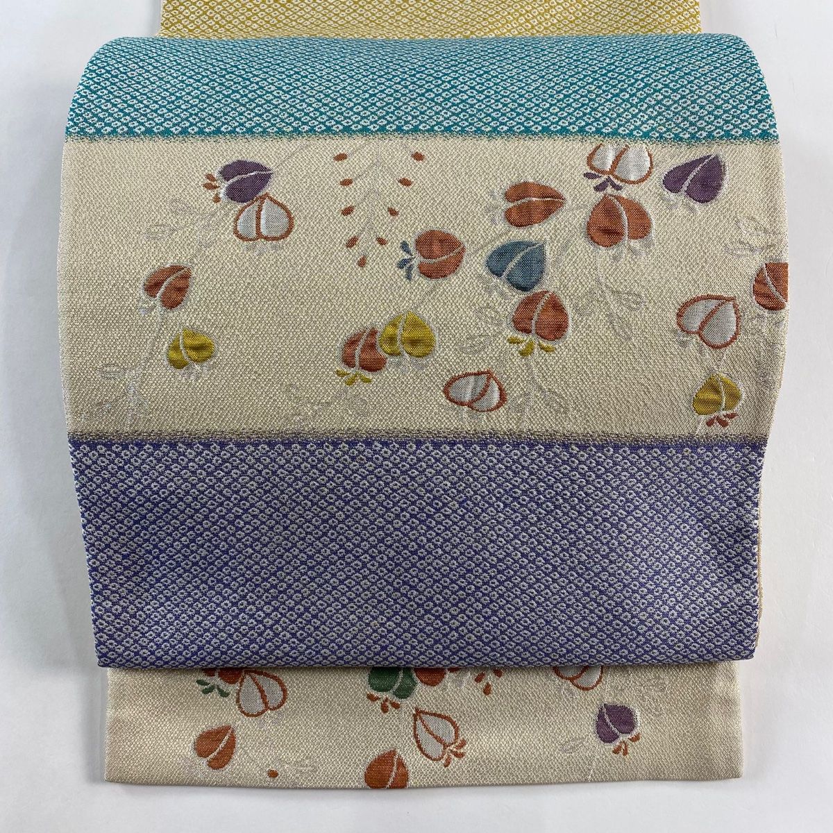 袋帯 秀品 草花 弾縞模様 金糸 銀糸 ベージュ 六通 正絹