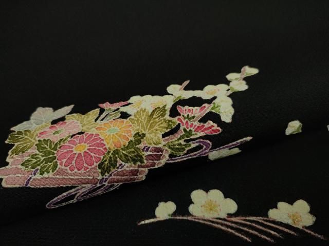 平和屋本店■極上　本加賀友禅作家　大村洋子　九寸名古屋帯　花筏　黒地　鬼しぼ縮緬　逸品　DZAA4742kh5 平和屋本店□極上 本加賀友禅作家 大村洋子 九寸名古屋帯 花