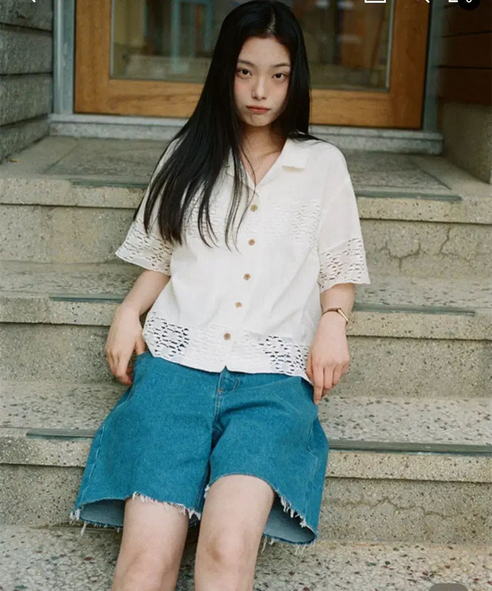 フリッター Crochet Wood Button Shirt White_F252
