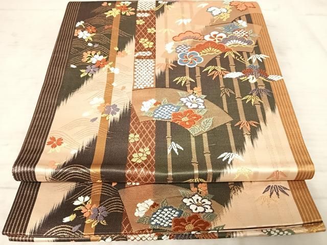 平和屋着物◎六通柄袋帯 唐織 飛鶴花文 松竹梅 金糸 正絹 逸品