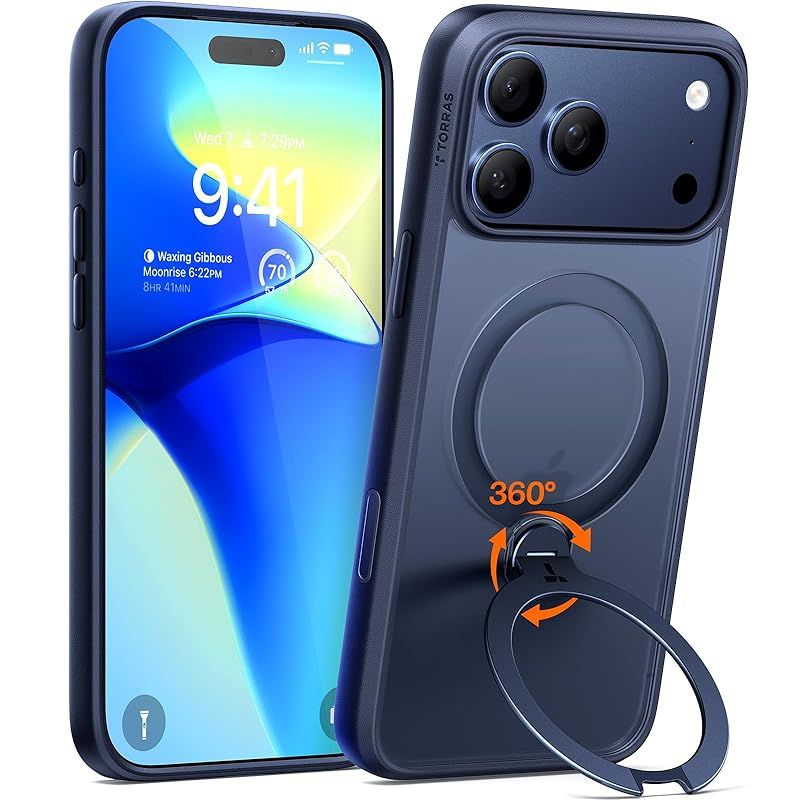 TORRAS iPhone 17 Pro Max 用 ケース 多機能一体 360°新定点回転スタンド Magsafe対応 カメラコントロールボタン 高耐久性 耐衝撃 ゼンマイ式スタンド リング 縦横両対応 マグネット搭載 急速充電対応 指紋防止 Ostand