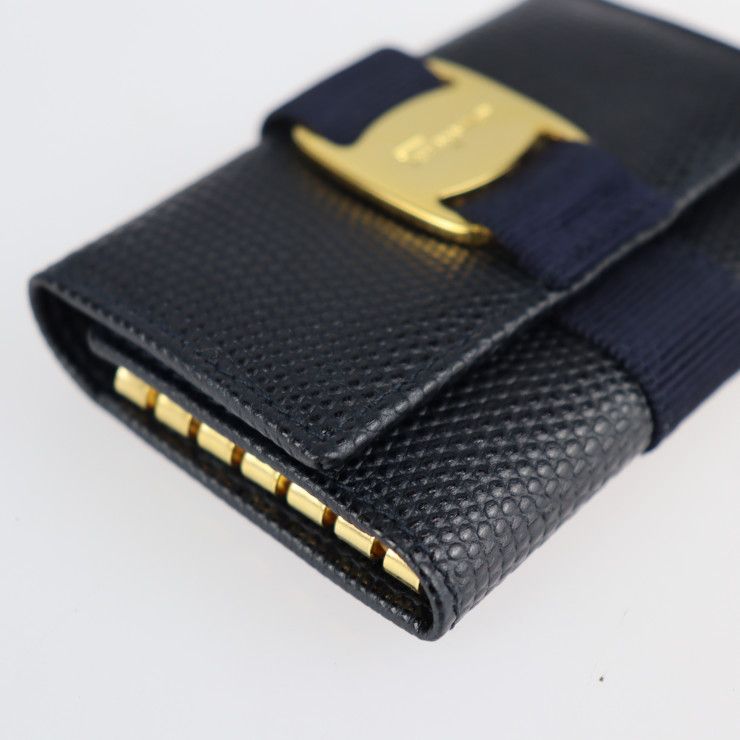 Salvatore Ferragamo サルヴァトーレ フェラガモ キーケース 22 3056 リザード型押し レザー ネイビー ゴールド金具 ヴァラ 6連 【本物保証】