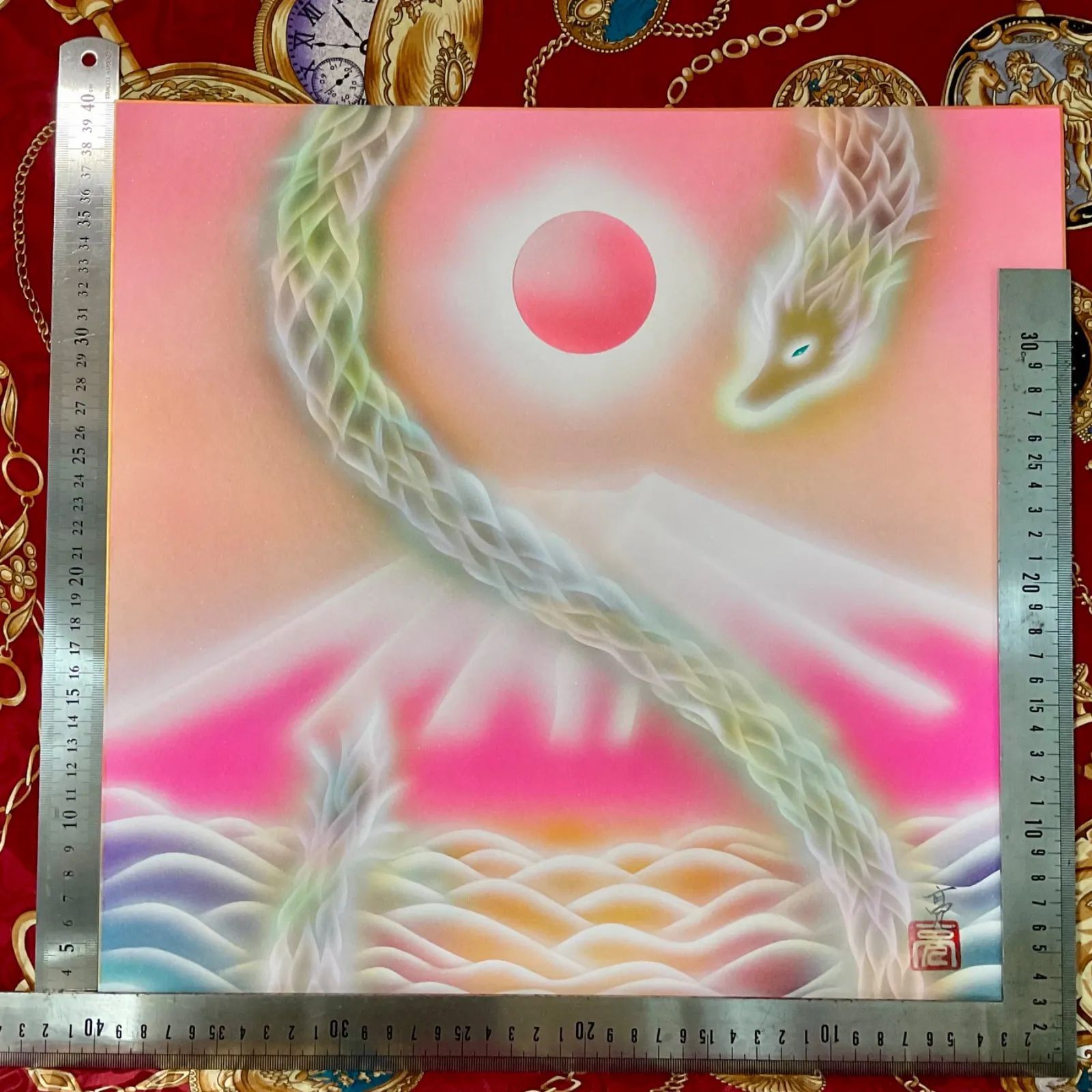 特大色紙☆風水絵画】ストロベリームーン金龍波動龍 雲海桃富士木花咲