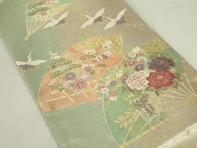 平和屋着物◎六通柄袋帯 唐織 飛鶴扇面花文 金銀糸 正絹 逸品
