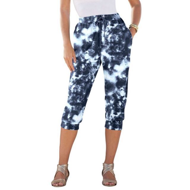 【送料無料】 ロアマンズ レディース カジュアルパンツ ボトムス Roaman's Women's Plus Size Drawstring Soft Knit Capri Pant Navy Tie Dye