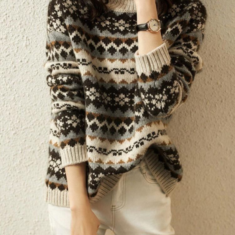  ニット セーター レディース ノルディック柄 プルオーバー 厚手 トップス 女性 長袖 ハイネック タートルネック ノルディック風セーター ゆったり カジュアル 総柄 秋 冬 pdd 2705 五分袖 七分袖 ニット セーター