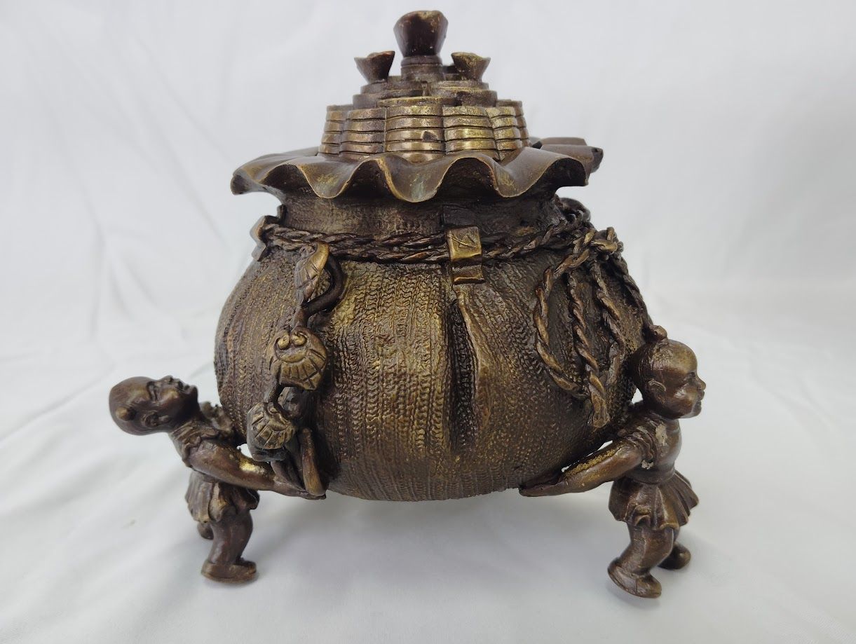 香炉 袋型 元宝摘み 童子 銅製 彫刻 置物 開運 風水 古美術 アンティーク