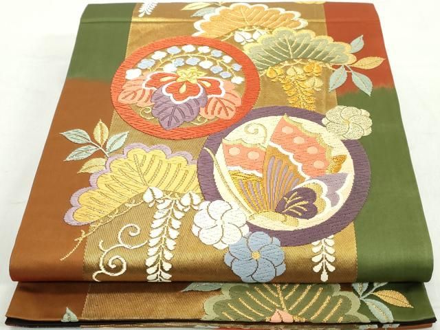 平和屋着物◎六通柄袋帯 唐織 花蝶丸文 金糸 正絹 逸品