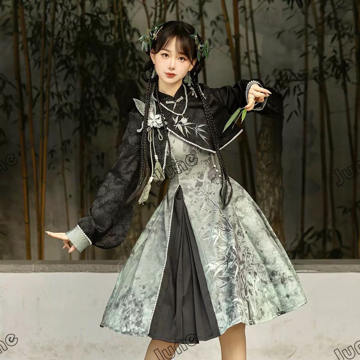 チャイナドレスワンピースブラックグリーン中華風ロリータAライン